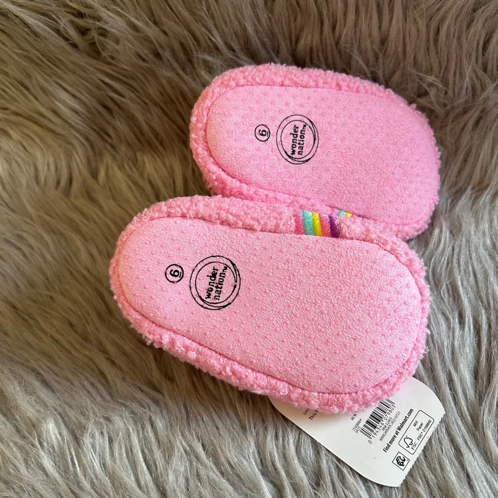 Wonder Nation Slippers Baby Girls Size 6 Pink Fuzzy Rainbow Shoes 18 Months NEW